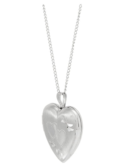 Sterling Silver Hollow Locket Heart Double-Heart Engraved Design Pendant, 18"
