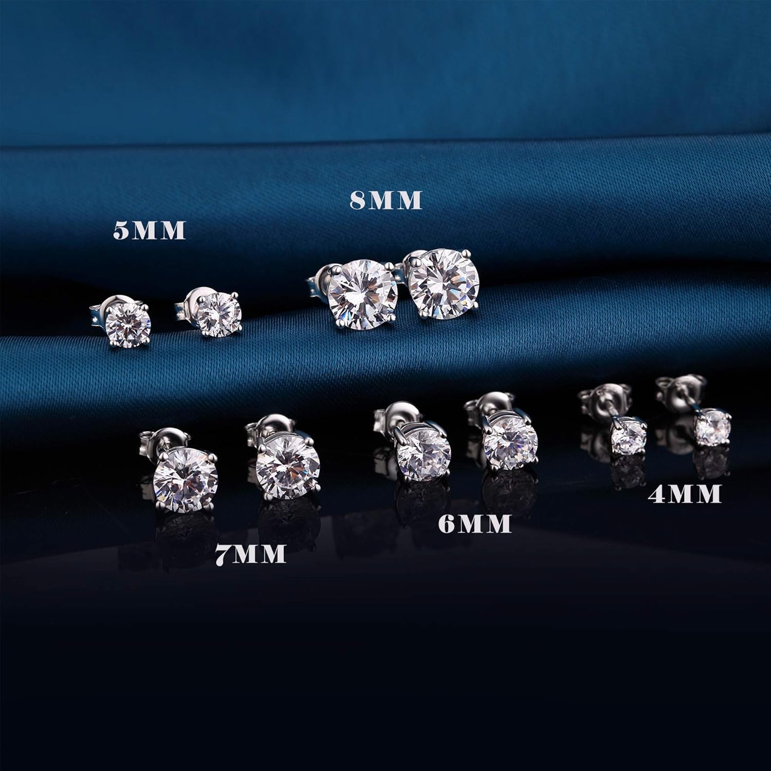 Men Stud Earrings, 18K White Gold Plated 4 Pong round CZ Earrings, 925 Sterling Silver Stud Earrings for Women/Men 3MM-8MM Available