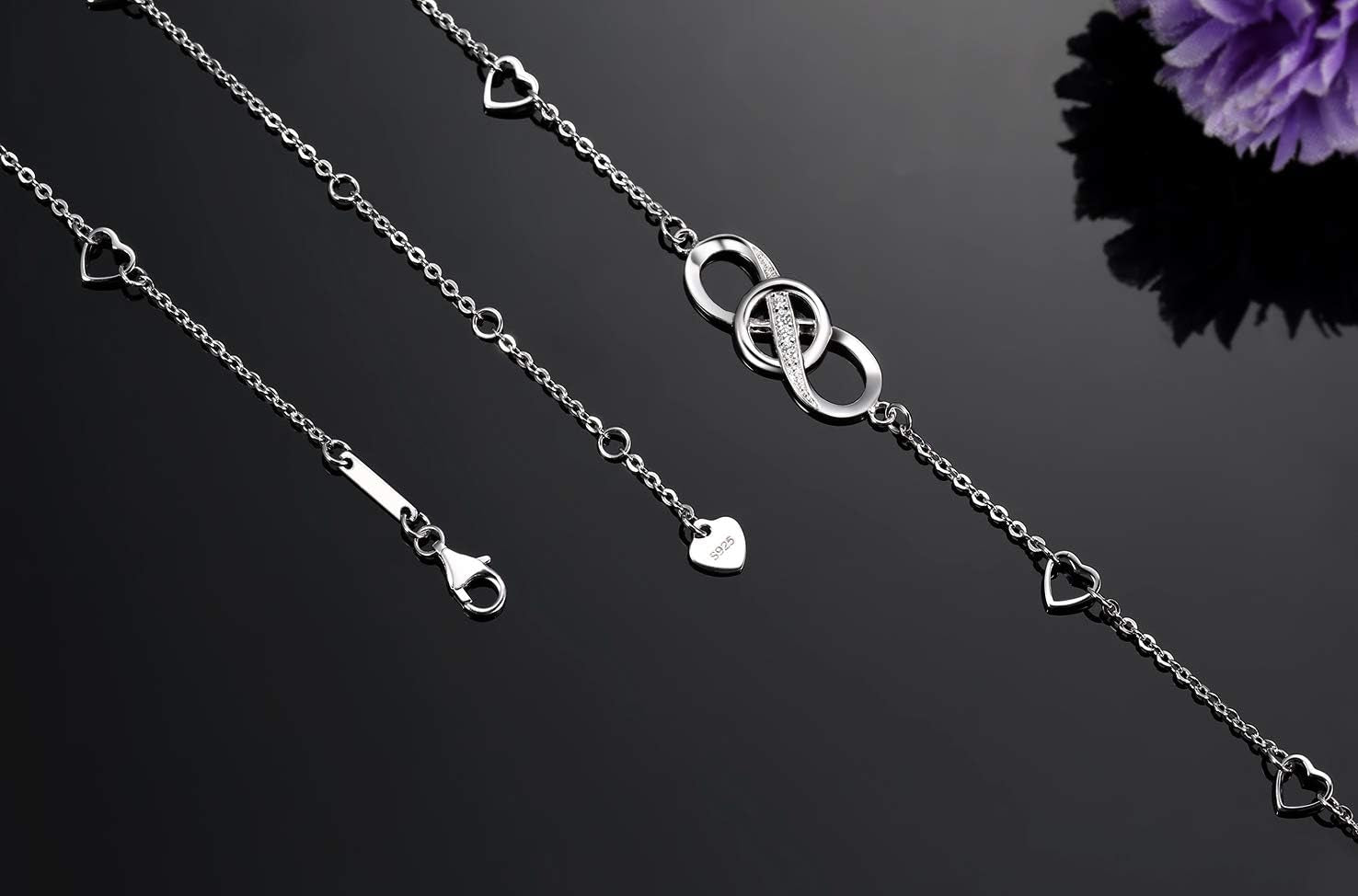 Infinity Ankle Bracelet for Women, 925 Sterling Silver Charm Adjustable Anklet, Large Bracelet Fine Jewelry Mothers Day Gifts White Gold/Rose Gold Plated