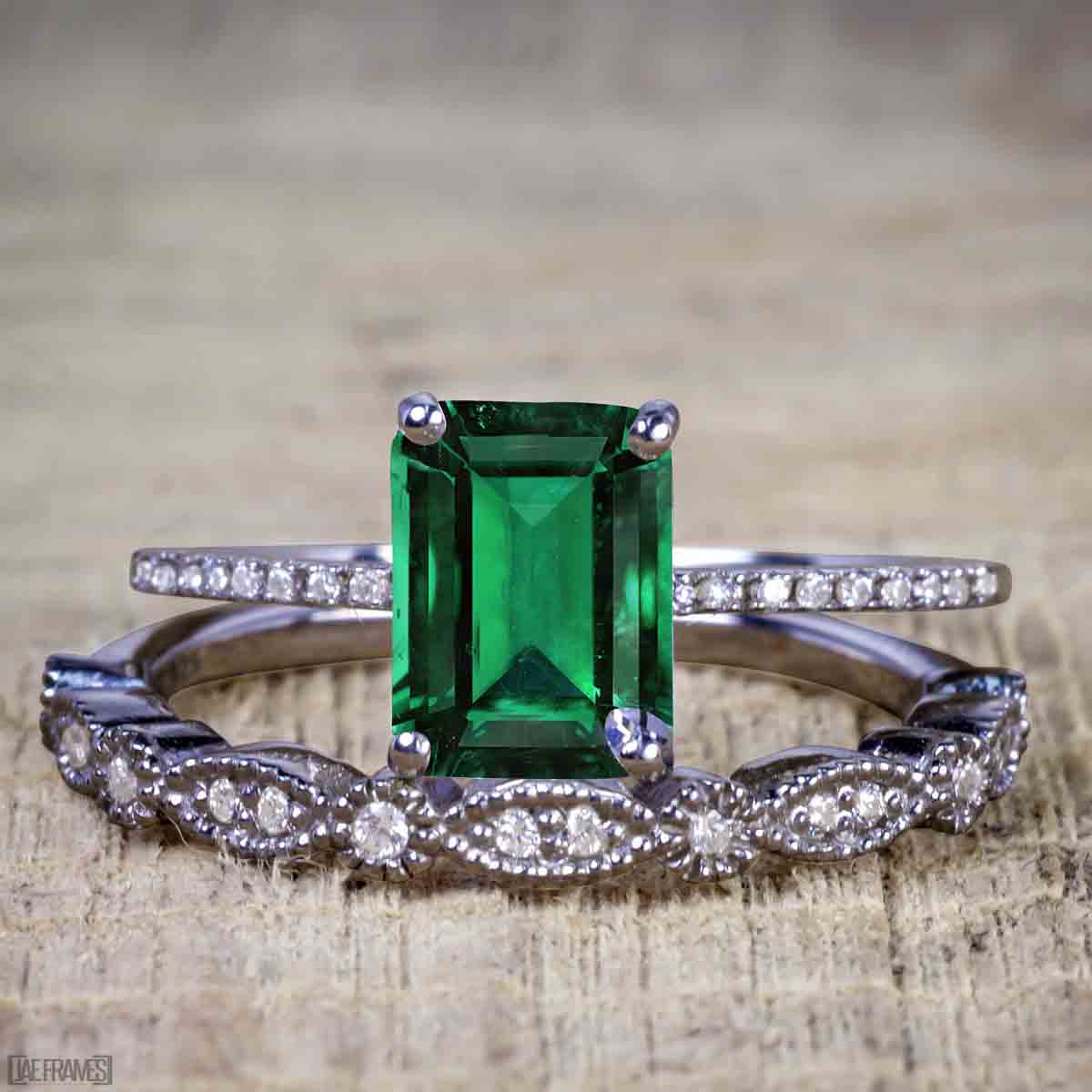 2.25 Carat Rectangle Vivid Lab Created Green Emerald Trio Wedding Ring Set in 18K Black Gold over Silver