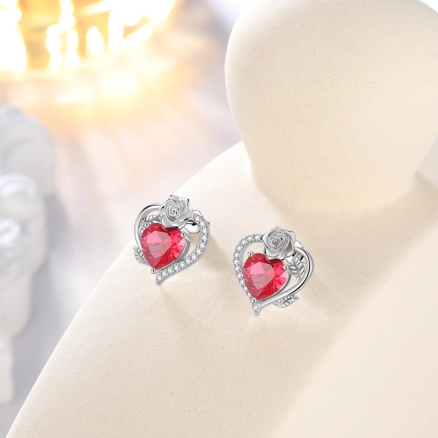 Rose Heart Birthstone Earrings,July Birthstone Rose Flower Heart Earrings Studs 925 Sterling Silver Jewelry Gifts for Women