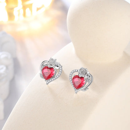Rose Heart Birthstone Earrings,July Birthstone Rose Flower Heart Earrings Studs 925 Sterling Silver Jewelry Gifts for Women