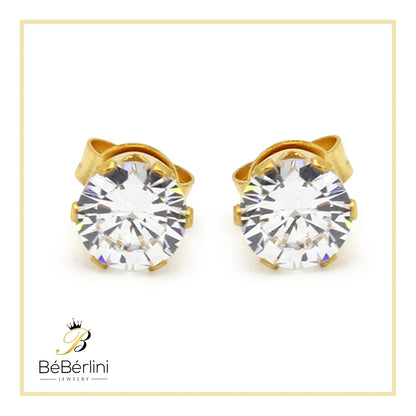 Men Stud Earrings CZ 14K Gold Plated Stainless Steel Jewelry round 6 Mm