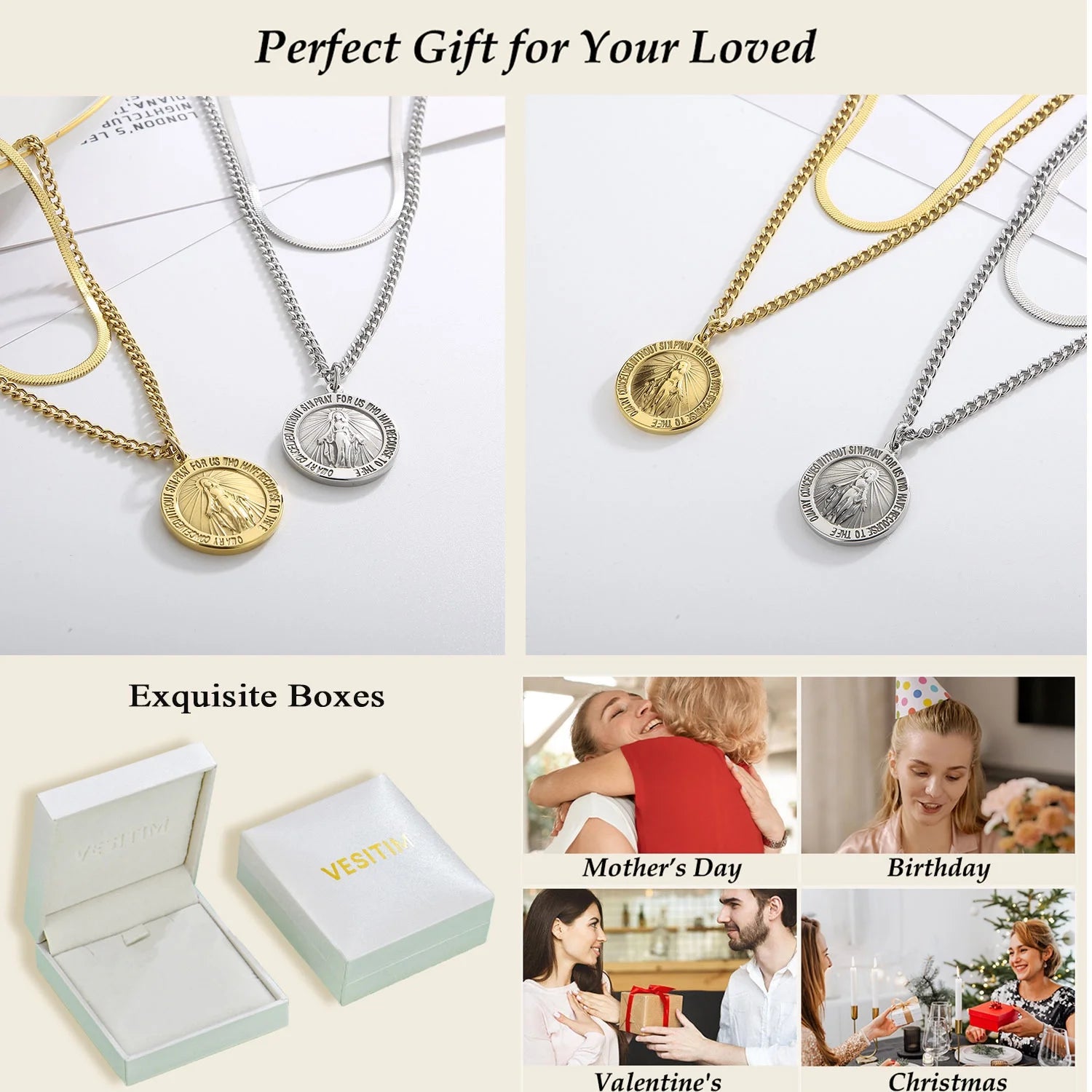 Virgin Mary Vintage Commemorative Coin Double Layered Necklace | Stainless Steels Pendant Necklace Jewelry Gift for Men Women
