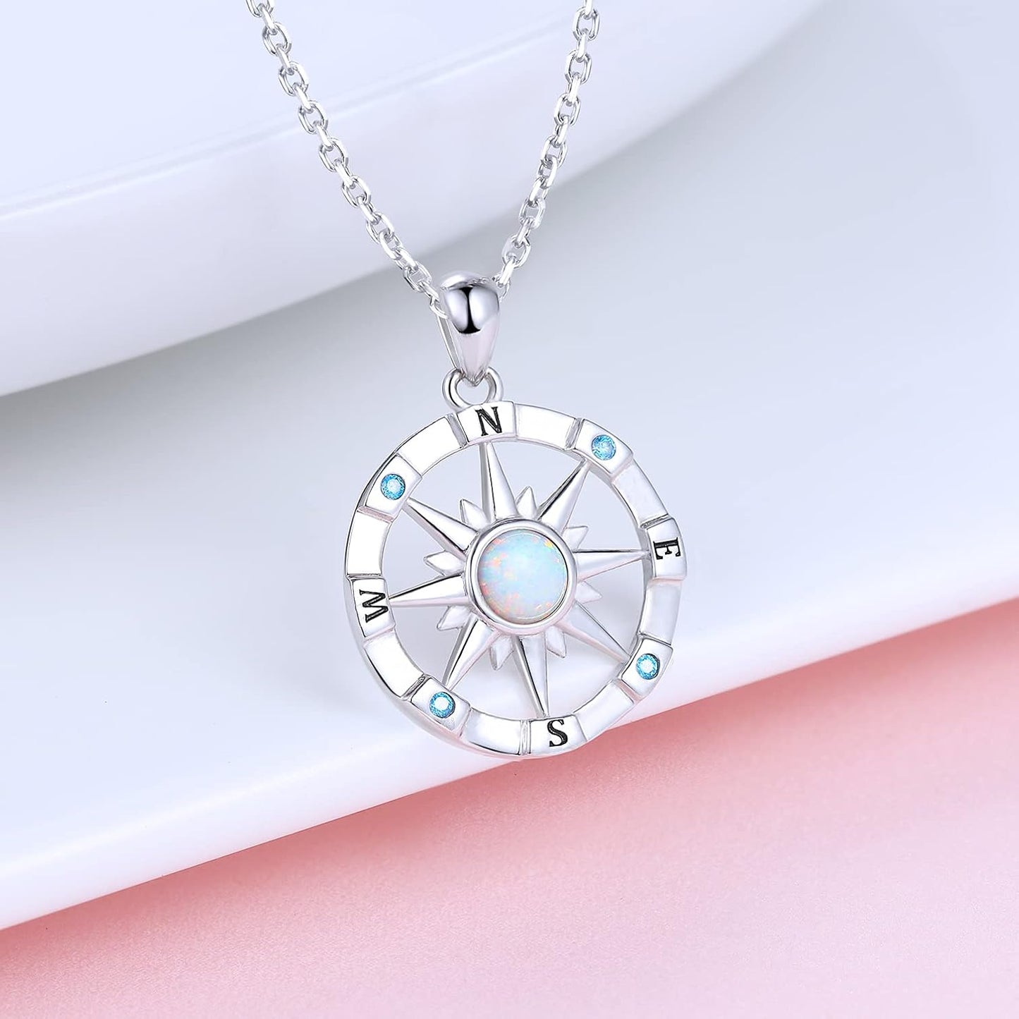 Sterling-Silver Opal Compass Necklace for Women - Inspirational Nautical Dream Compass Pendant，Created Opal Necklaces for Women Mother'S Day and Graduation Jewelry Gifts (Opal and CZ)
