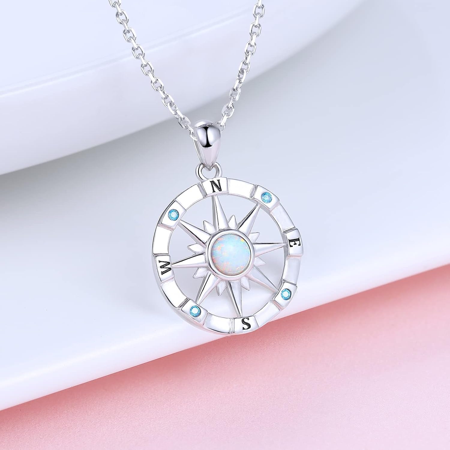 Sterling-Silver Opal Compass Necklace for Women - Inspirational Nautical Dream Compass Pendant，Created Opal Necklaces for Women Mother'S Day and Graduation Jewelry Gifts (Opal and CZ)