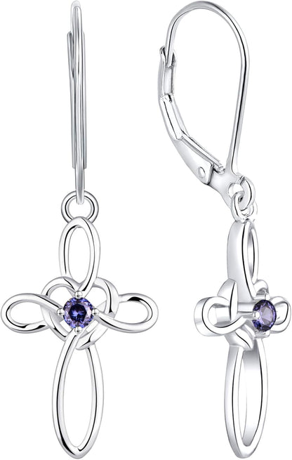 Celtic Knot Cross Earrings Sterling Silver Dangle Drop Earrings Birthstones Heart Religious Leverback Jewelry for Women