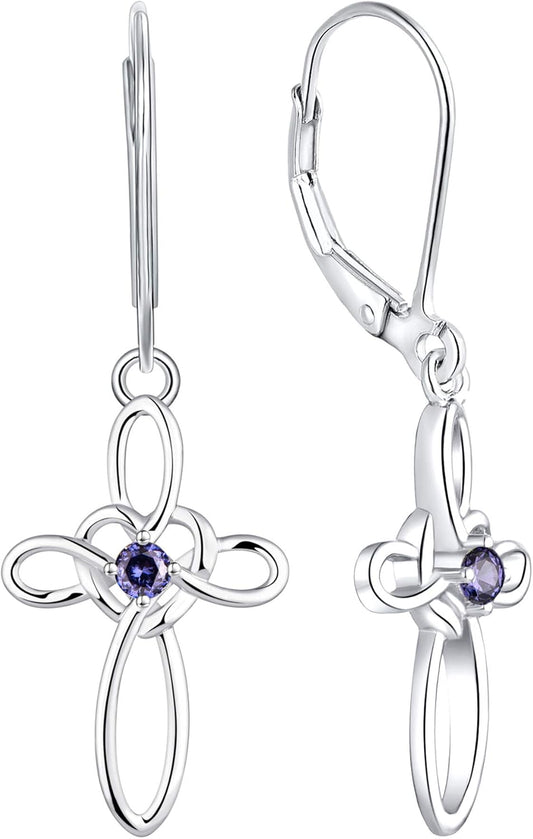 Celtic Knot Cross Earrings Sterling Silver Dangle Drop Earrings Birthstones Heart Religious Leverback Jewelry for Women