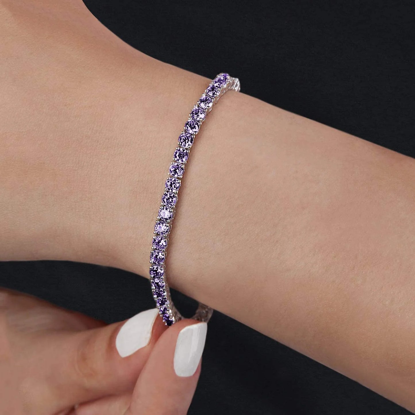 14K White Gold Plated Purple Cubic Zirconia round 4MM Classic Tennis Bracelet for Women