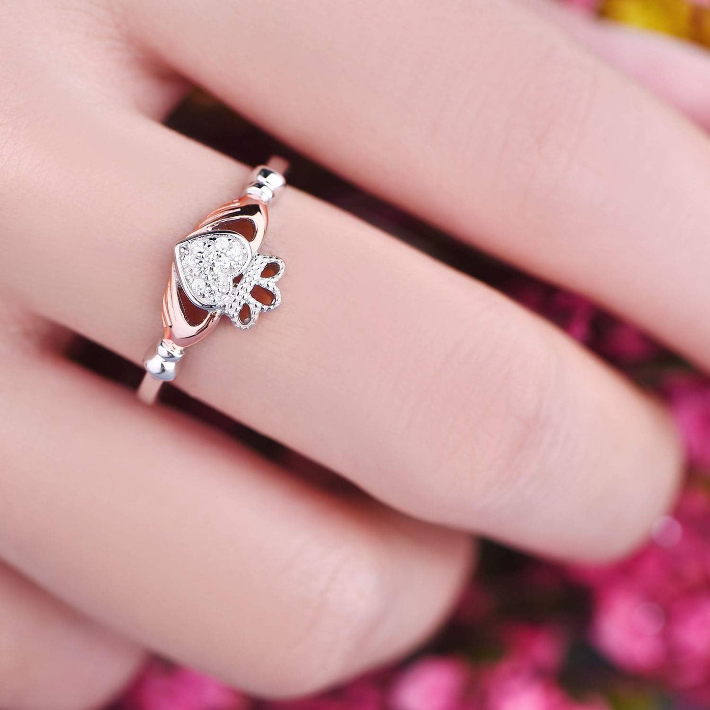 925 Sterling Silver Cubic Zirconia Rose Gold Claddagh Heart Promise Rings for Her,Birthstone Rings for Women