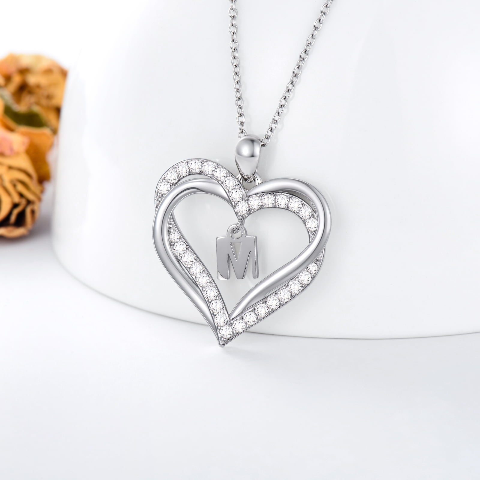 Birthday Gifts for Women Initial Necklace for Women S925 Sterling Silver Heart Initial M Alphabet Pendant Necklace Double Heart Necklace Jewelry Anniversary Gifts for Women