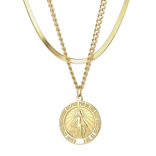 Virgin Mary Vintage Commemorative Coin Double Layered Necklace | Stainless Steels Pendant Necklace Jewelry Gift for Men Women