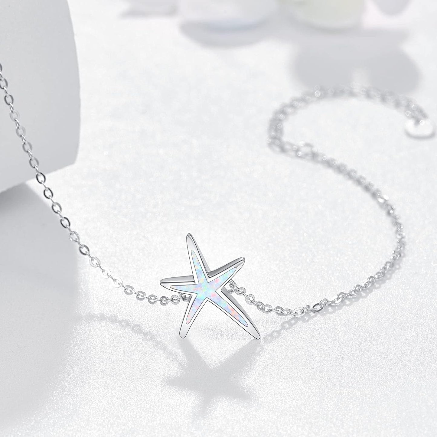Starfish Bracelet 925 Sterling Silver with White Fire Opal Chain Bracelets Ocean Jewelry Birthday for Women