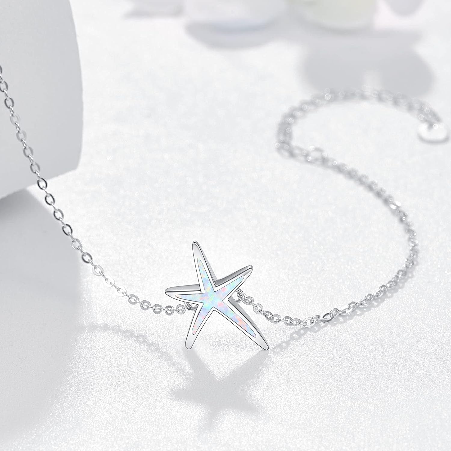 Starfish Bracelet 925 Sterling Silver with White Fire Opal Chain Bracelets Ocean Jewelry Birthday for Women