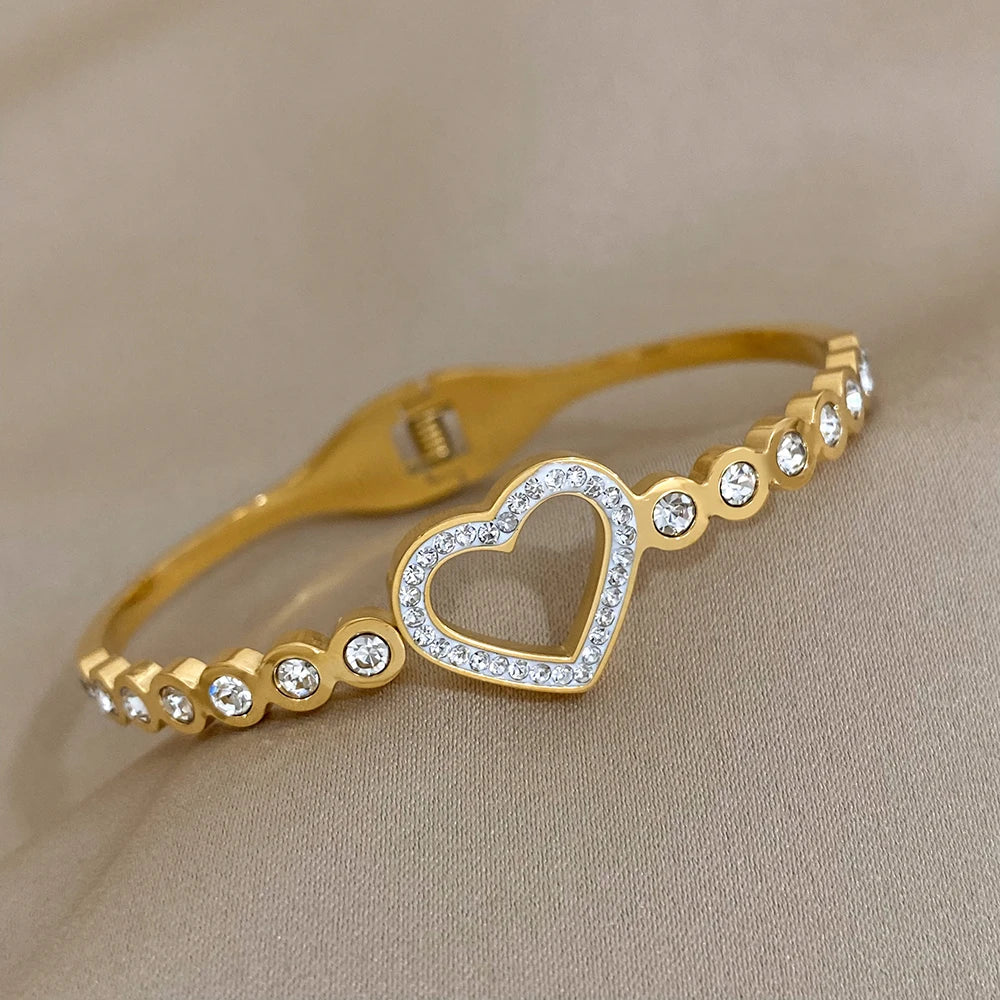 Love Matching Bracelet Femme Luxe Rhinestone Heart Stainless Steel Bangle 18K Gold Plated Couple Charm Bracelets Jewelry Gift