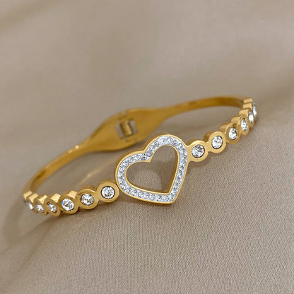 Love Matching Bracelet Femme Luxe Rhinestone Heart Stainless Steel Bangle 18K Gold Plated Couple Charm Bracelets Jewelry Gift