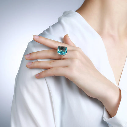 Original 925 Sterling Silver Aquamarine Gemstone Ring for Women Vintage Sparkling Birthstone Square Big Stone Jewelry Handmade