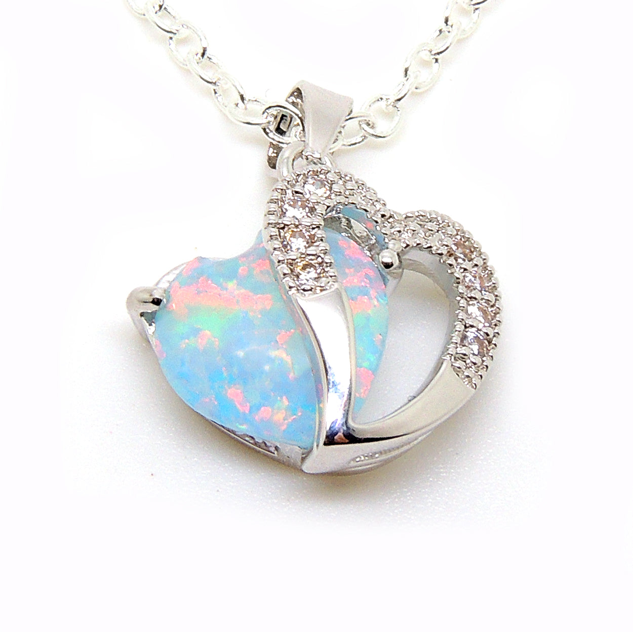 Heart Shape Fire Opal Cz Pendant Chain Necklace for Women