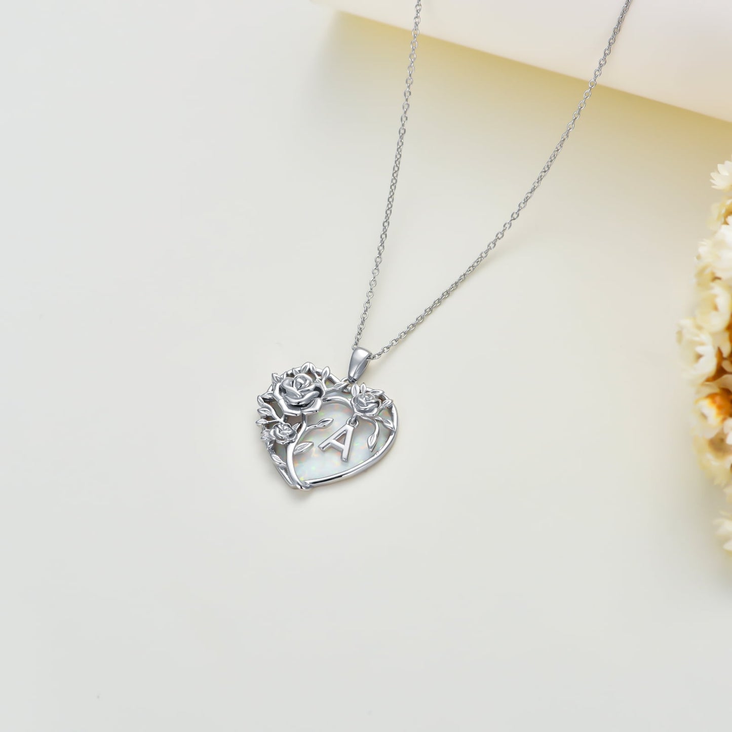 Anniversary Gifts for Women Sterling Silver Initial a Letter Pendant with Heart Opal Rose Necklaces Birthday Anniversary Jewelry Birthday Gifts