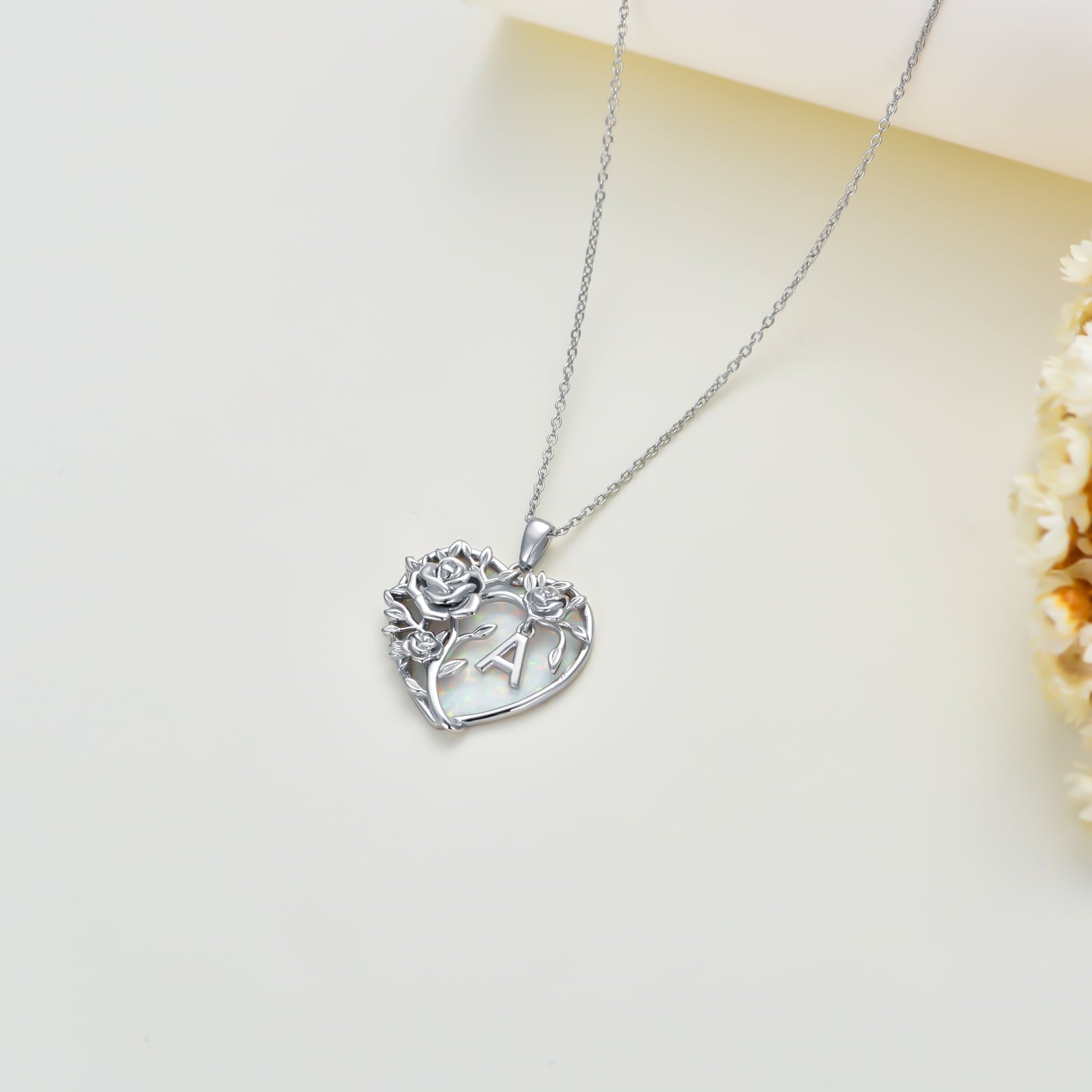 Anniversary Gifts for Women Sterling Silver Initial a Letter Pendant with Heart Opal Rose Necklaces Birthday Anniversary Jewelry Birthday Gifts
