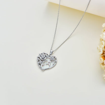 Anniversary Gifts for Women Sterling Silver Initial a Letter Pendant with Heart Opal Rose Necklaces Birthday Anniversary Jewelry Birthday Gifts