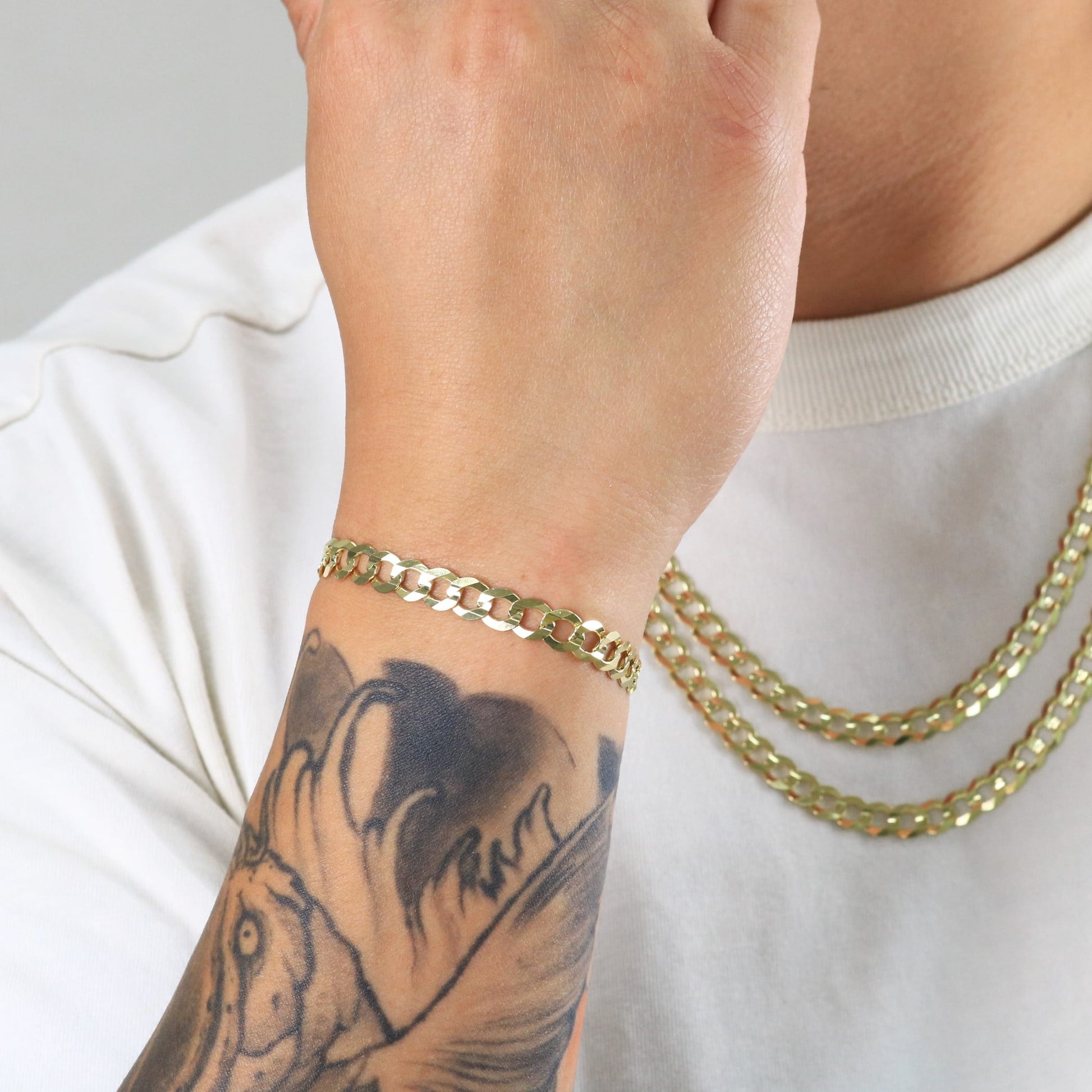 10K Real Yellow Gold Solid Cuban Curb Link 7Mm Chain Bracelet (7"-9") Italian Jewelry for Men