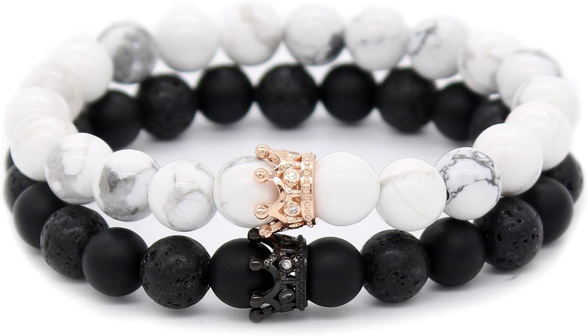 8Mm Natural Stone CZ Micro Pave Crown King Queen Beads His and Hers Couple Bracelet, 7.5" (Black&White-2)
