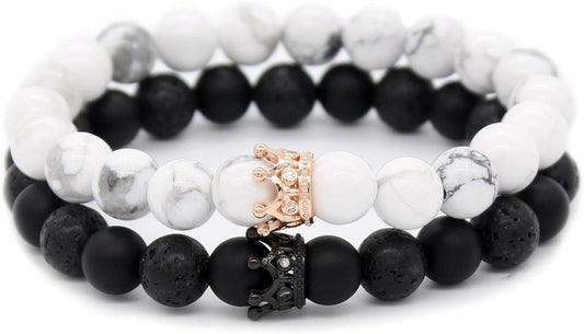 8Mm Natural Stone CZ Micro Pave Crown King Queen Beads His and Hers Couple Bracelet, 7.5" (Black&White-2)