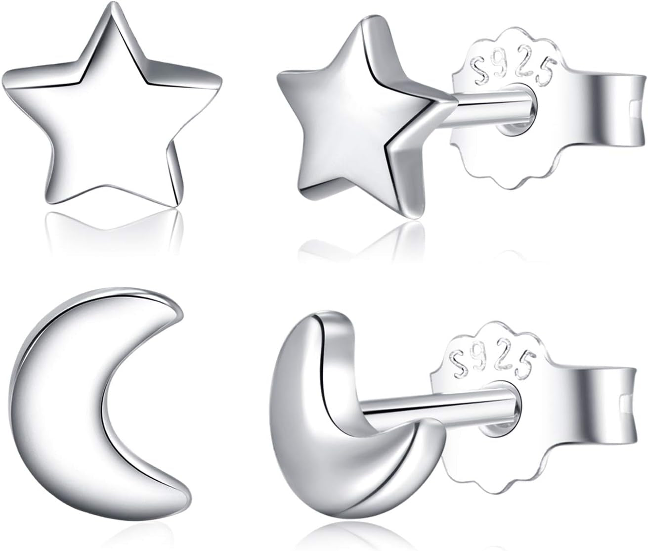 Solid Real 925 Sterling Silver Satr Moon Stud Earrings | Dainty Celestial Stud Earrings | Tiny Cartilage Earrings for Women