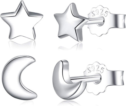 Solid Real 925 Sterling Silver Satr Moon Stud Earrings | Dainty Celestial Stud Earrings | Tiny Cartilage Earrings for Women