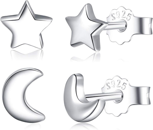 Solid Real 925 Sterling Silver Satr Moon Stud Earrings | Dainty Celestial Stud Earrings | Tiny Cartilage Earrings for Women