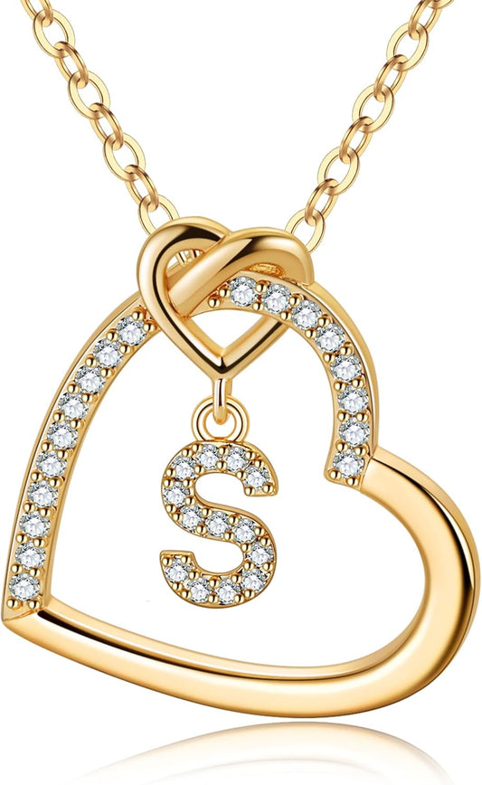Heart Initial Necklaces for Girls Teen Women, 14K Gold Plated Cubic Zirconia Heart Pendant Necklace, Dainty Initial Heart Necklace Letter a - Z Jewelry Gifts for Girls Women