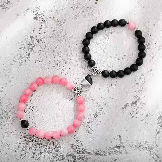 2Pcs/Set Natural Stone Beaded Heart Magnet Attraction Couple Bracelets for Women Men Simple Love Relationship Bracelet Jewelry
