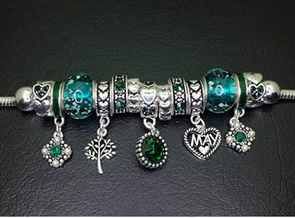 Birthstone Bracelet Multi-Color Charm Beads Silvertone