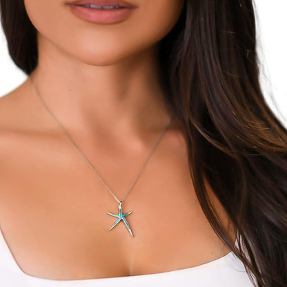 Sterling Silver, Gold Tone or Rose Tone Created Blue, White or Pink Opal Starfish 18" Pendant Necklace