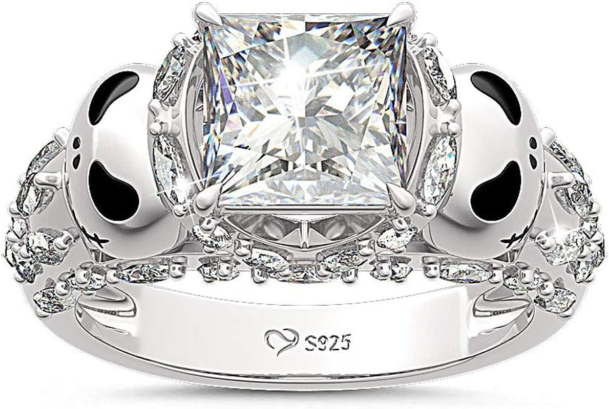 Jack Rings Women Nightmare before Christmas Skull Rings 925 Sterling Silver Princess Cut Band Ring Anniversary Promise Romantic Christmas Gifts for Her