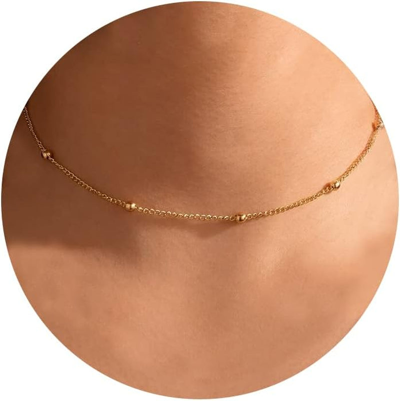 Dainty Gold Necklace for Women, Trendy 14K Gold Plated/Sterling Silver Satellite Choker Necklace Thin Beaded Layered Choker Necklaces Discs Paperclip Chain Necklaces Womens Simple Jewelry Gift