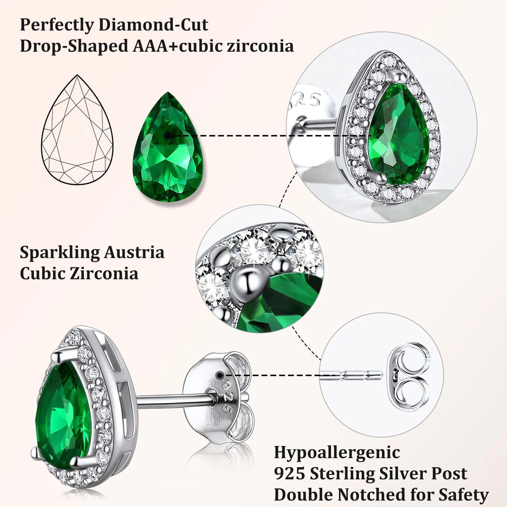 925 Sterling Silver Birthstone Stud Earrings for Women, Sparking May Teardrop Cut Diamond Earrings for Sensitive Ears