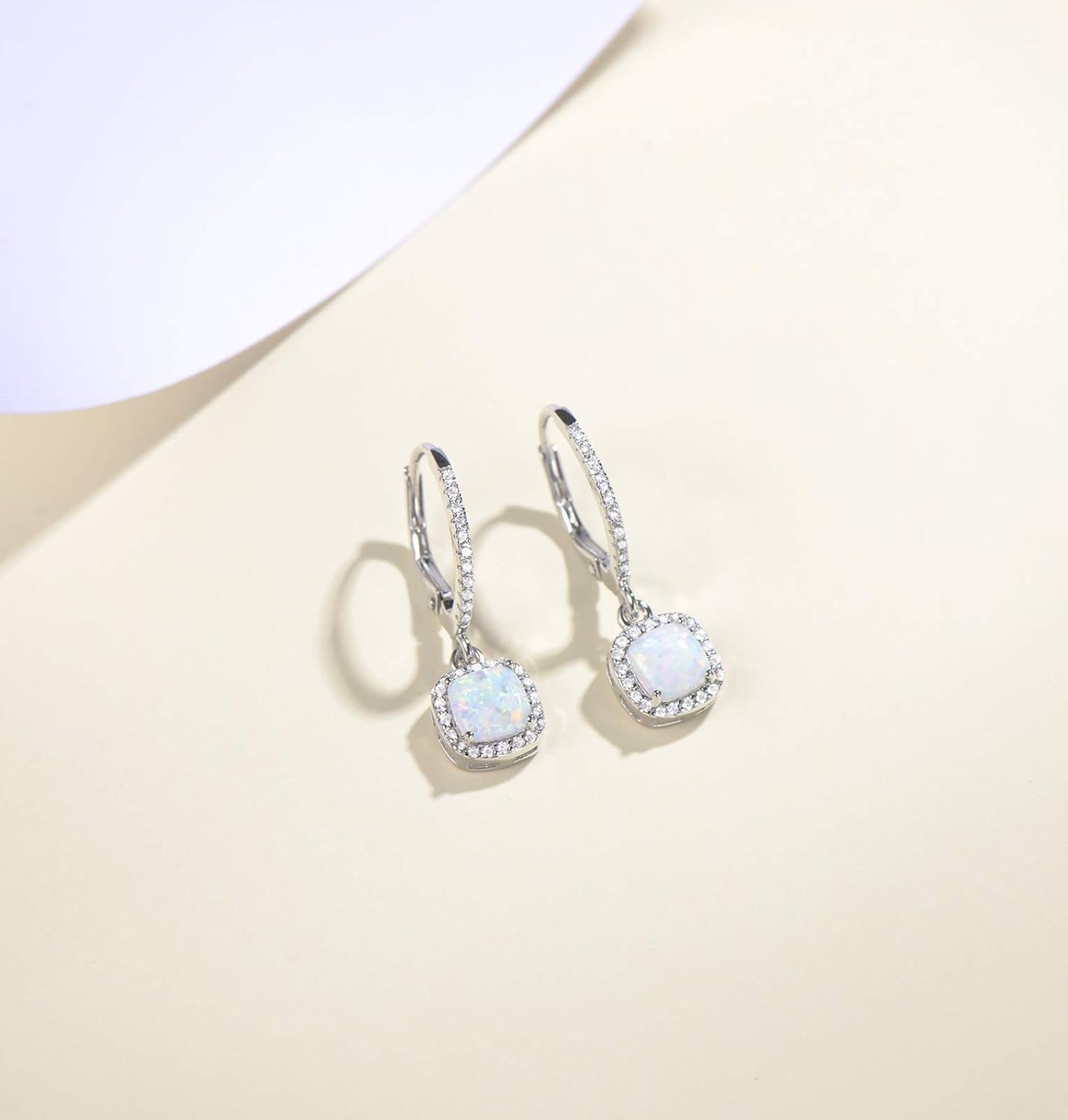 Lever Back Earrings Created Opal October Birthstone Earrings Sterling Silver White Fire Opal Halo Cubic Zirconia Square French Back Earrings Jewelry for Women