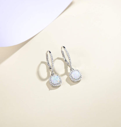 Lever Back Earrings Created Opal October Birthstone Earrings Sterling Silver White Fire Opal Halo Cubic Zirconia Square French Back Earrings Jewelry for Women