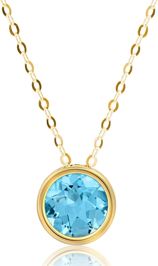 14K Gold Gemstone Pendant with 7Mm round Bezel Birthstone | Dainty round Necklace for Women with Gold 18 Inch Cable Chain | Secure Clasp Pendants with Gift Box