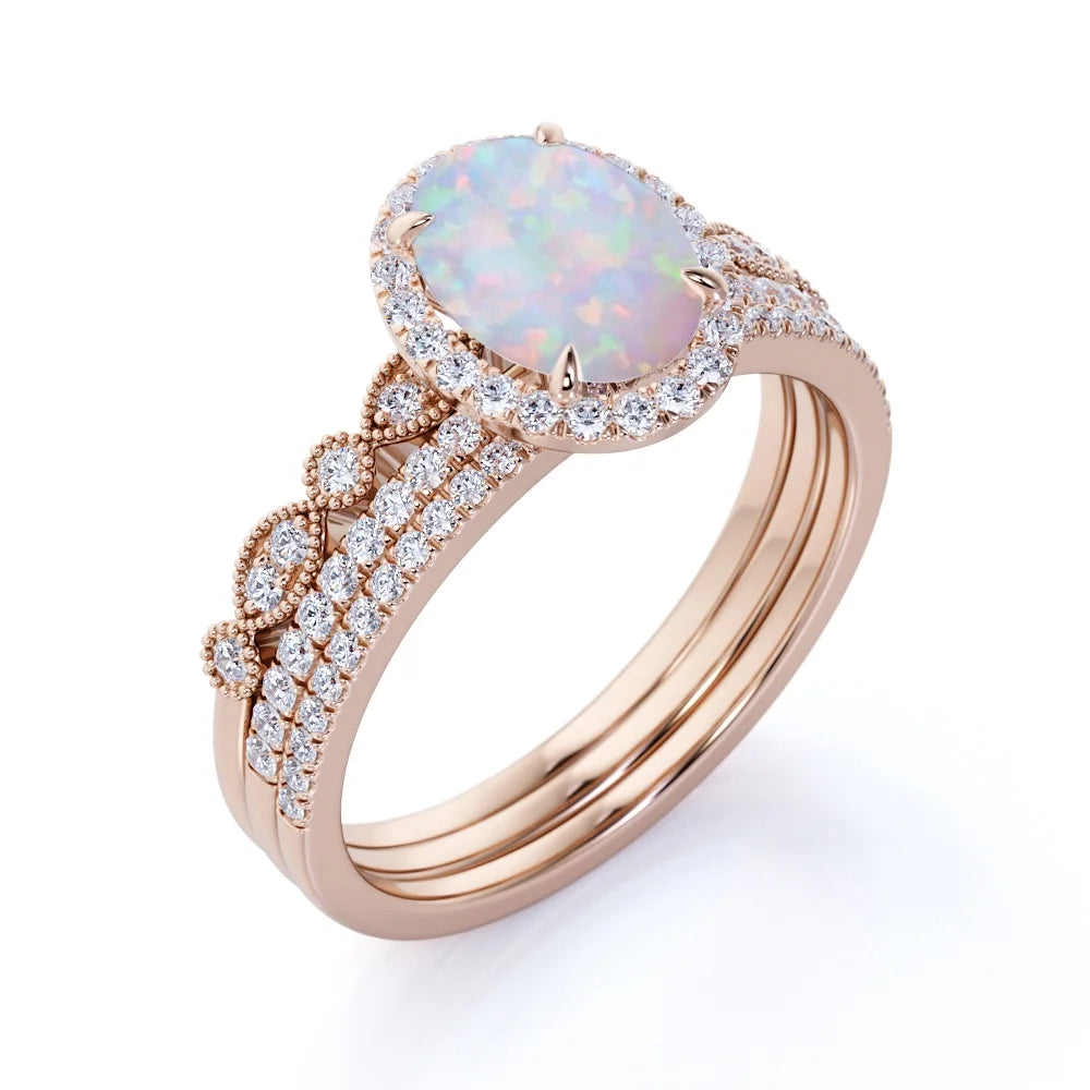 Antique 2 Ct Oval Blue Opal and Moissanite Trio Engagement Ring Set in 18K Rose Gold over Silver