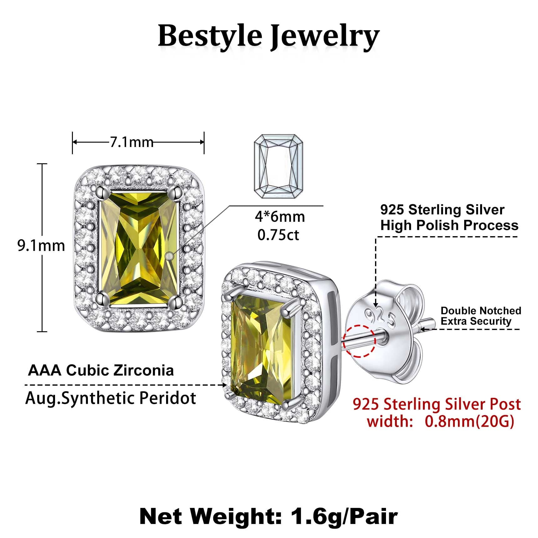 Square Diamond Stud Earrings August Peridot Birthstone Earrings, Sterling Silver Earrings Birthday Jewelry Gift for Women