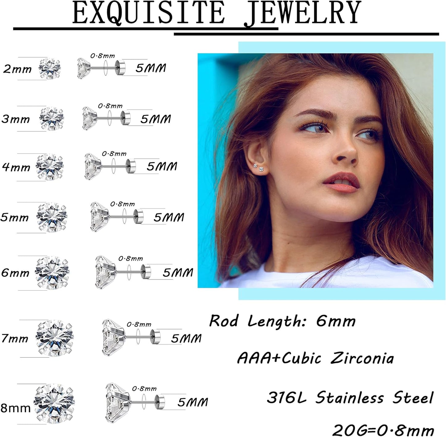 Hypoallergenic Flat Back Earrings for Women & Men, 7 Pairs Stainless Steel Stud Earrings with Flat Backs, Screw Back Cartilage Earrings Set with CZ for Sensitive Ears
