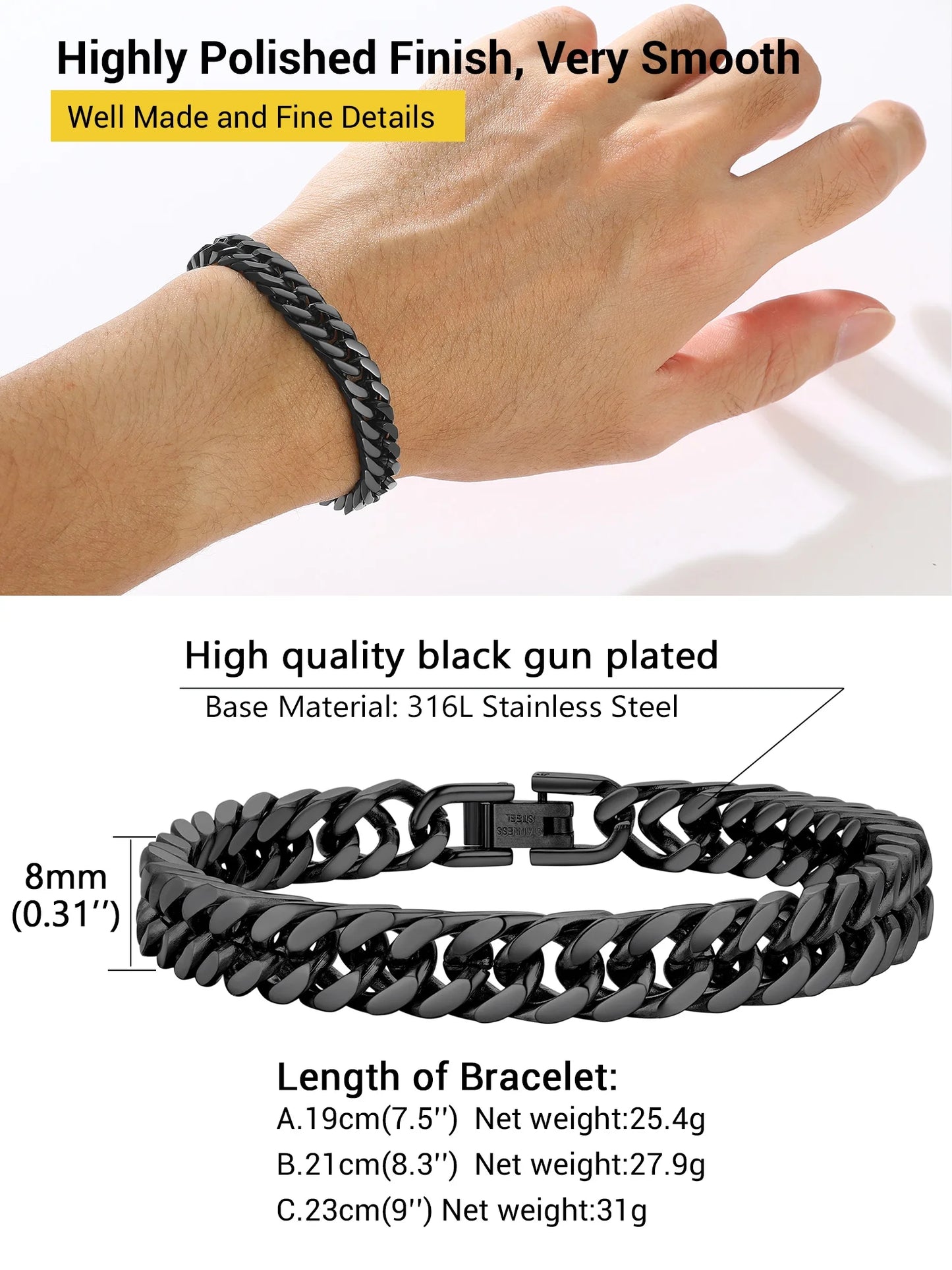 Black Cuban Chain Bracelets Stainless Steel 8Mm Franco Chain Bracelet for Mens Son Husband Father'S Day Hand Bracelet Jewelry Birthday Teen Graduation Gifts 7.5 Inch