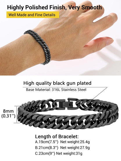 Black Cuban Chain Bracelets Stainless Steel 8Mm Franco Chain Bracelet for Mens Son Husband Father'S Day Hand Bracelet Jewelry Birthday Teen Graduation Gifts 7.5 Inch