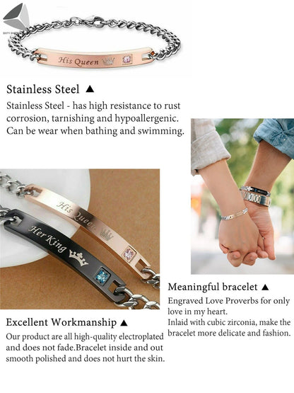 Stainless Steel Couple Bracelets His Queen Her King Bracelets for Couples Jewelry Matching Set Christmas Anniversary Valentine'S Day Gift (1 Pcs, Black)
