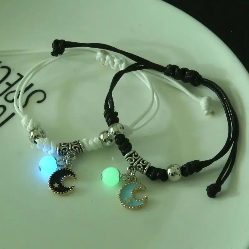 2Pcs Luminous Star Cat Moon Couple Bracelet Kitten Flower Handmade Adjustable Rope Matching Bracelets Lover Friendship Jewelry
