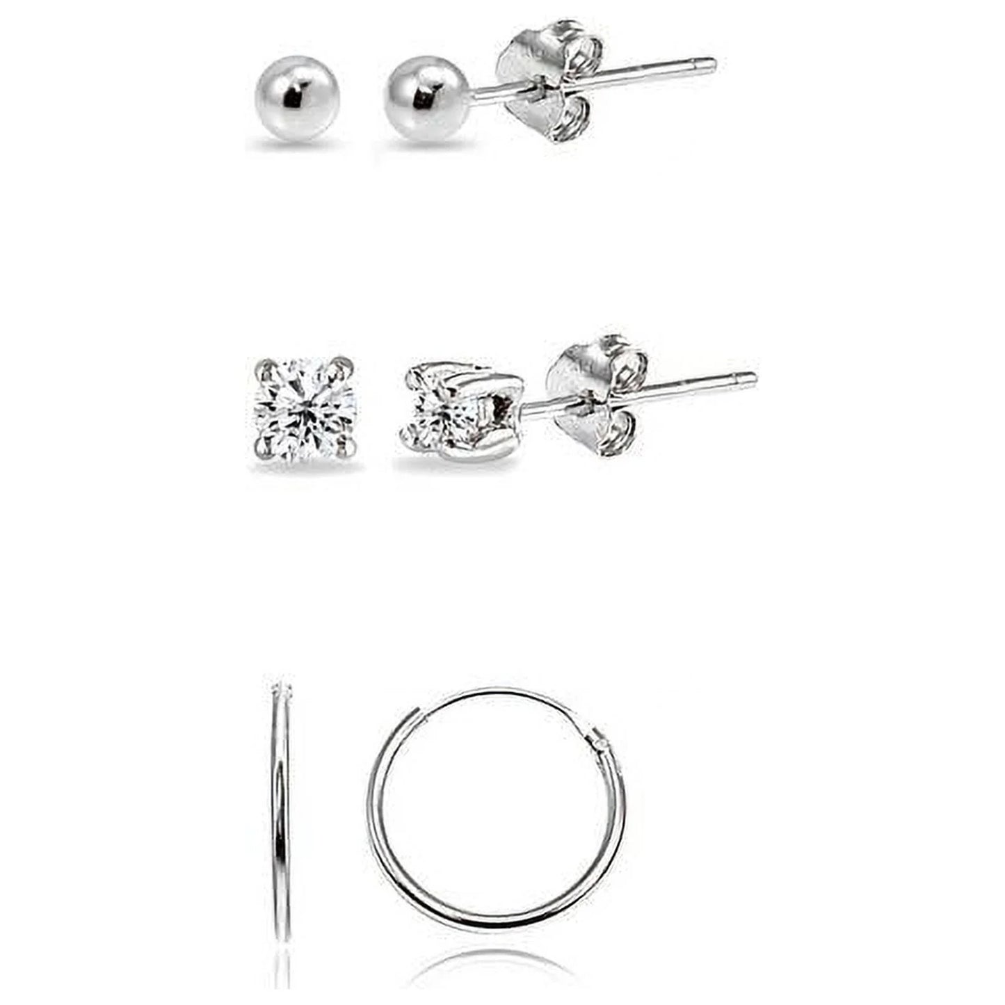 3 Pairs Sterling Silver Lightweight Unisex 10Mm Mini Small Continuous Endless Hoops, Tiny round 2Mm CZ & Ball Bead Stud Earrings Set