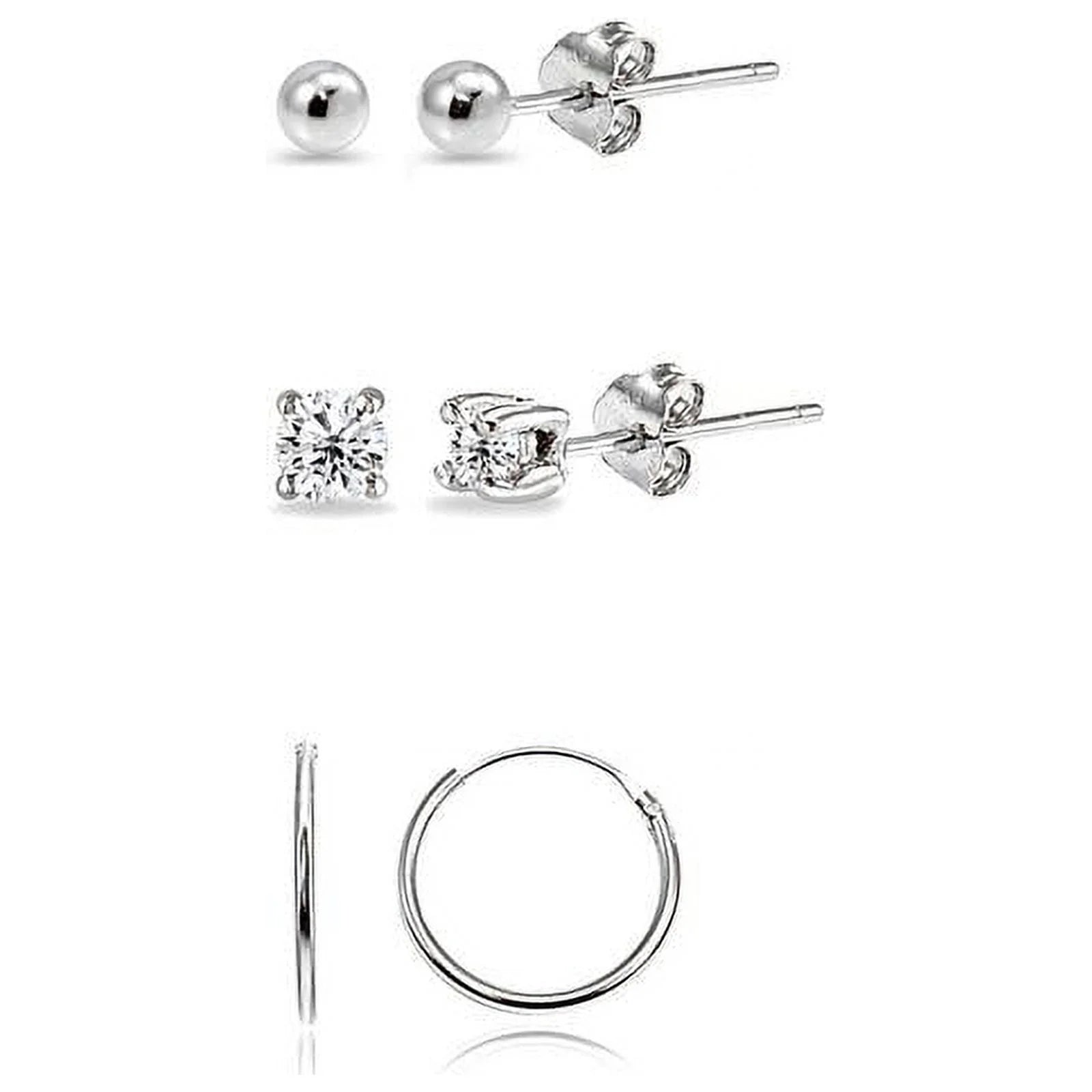 3 Pairs Sterling Silver Lightweight Unisex 10Mm Mini Small Continuous Endless Hoops, Tiny round 2Mm CZ & Ball Bead Stud Earrings Set